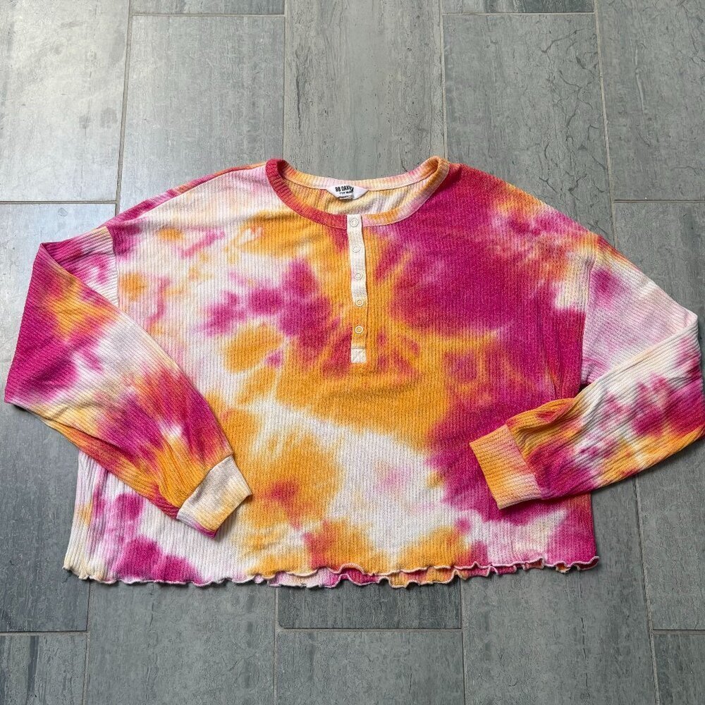 BB Dakota Thermal Henley Tie Dye Long Sleeve Crop Top Pink/Orange Size Medium